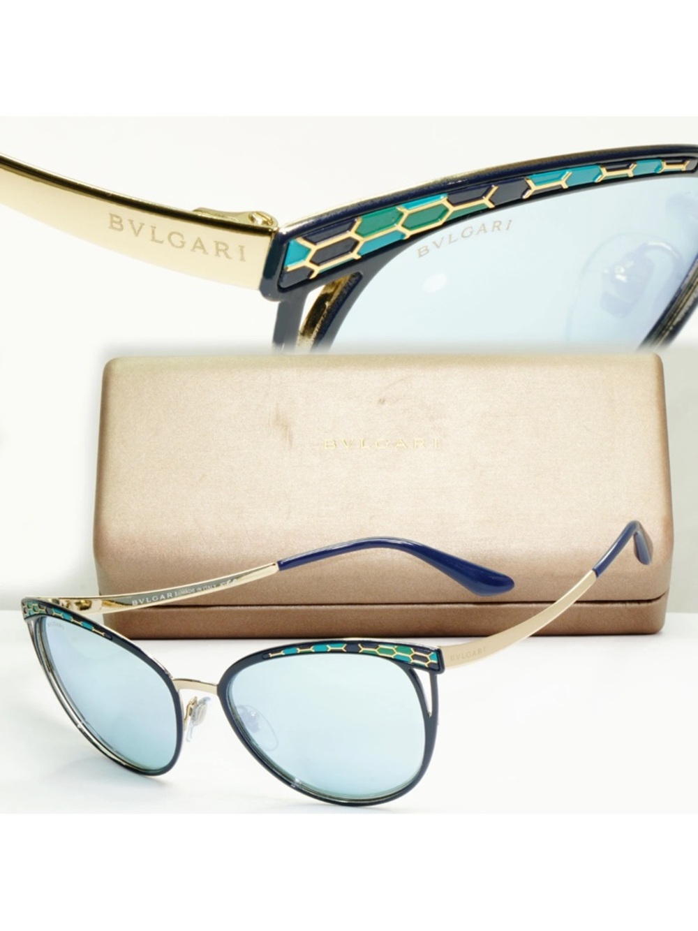 Bulgari Serpenti Cat Eyes Sunglasses with
blue color mirror lenses in EUC case - Picture 3 of 11